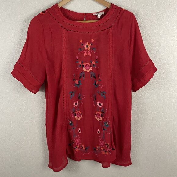 Umgee Womens L Dark Pink Floral Embroidered Peasant Blouse Boho - Picture 1 of 5